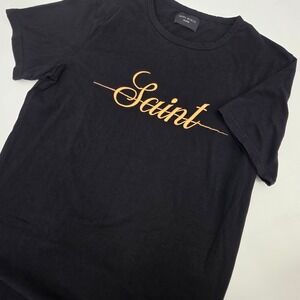 SAINT MORTA SHIRT MENS XL BLACK GOLD SCRIPT EMBROIDED CURVED HEM STREETWEAR EUC